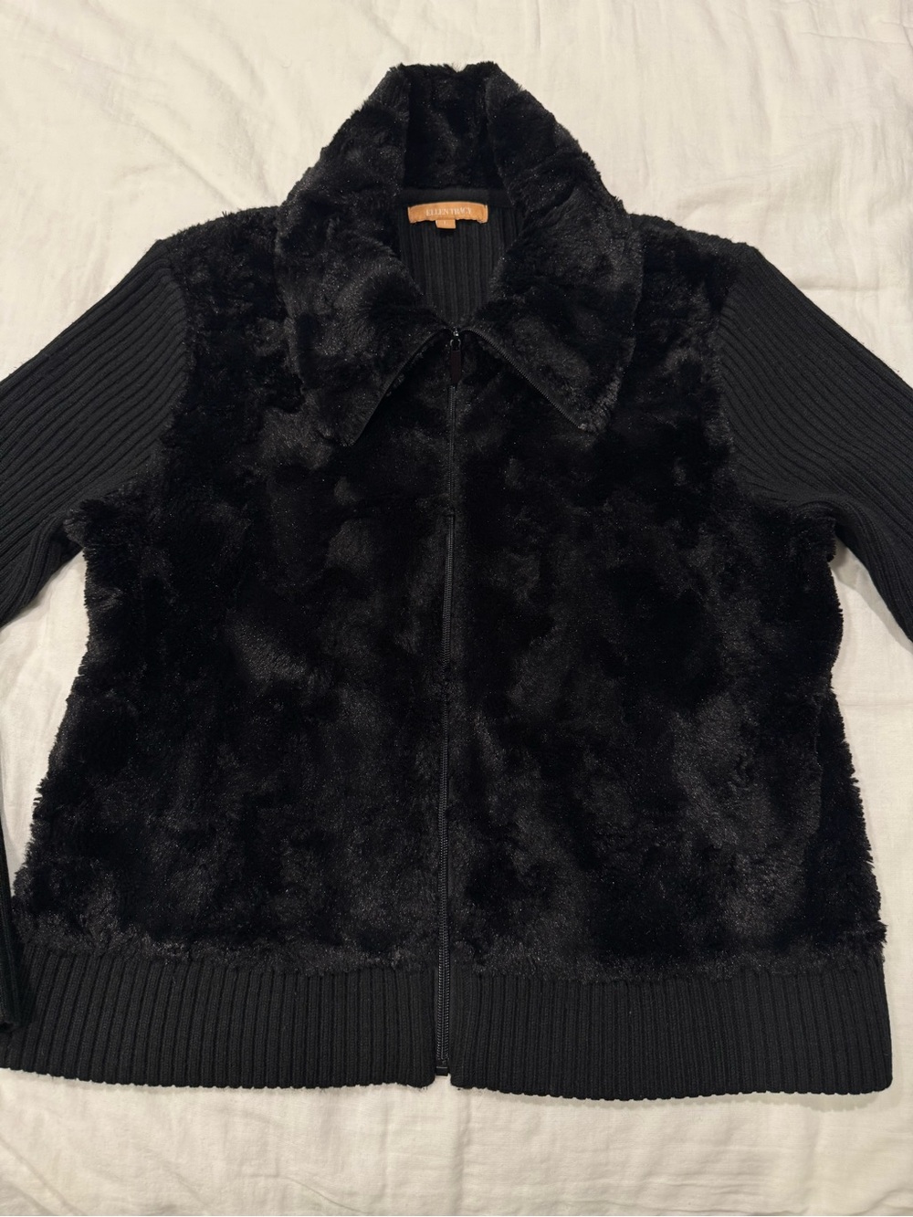 Ellen Tracy Black Faux Fur Zip-Front Jacket EUC
